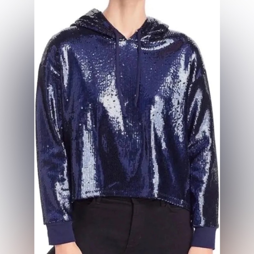 Chaser NWOT Navy Blue Sequin High Low Hoodie Pullover Sweatshirt S 21” p2p